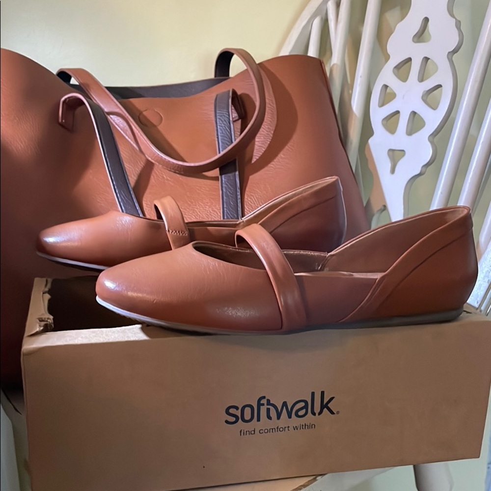 SoftWalk Tan Flats with Mary Jane Strap and Pointed Toe
